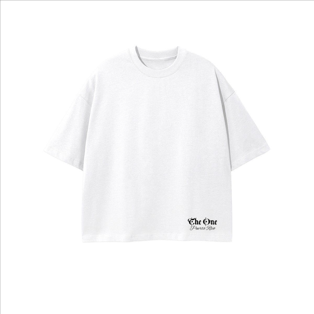 The One PR white 100% combed cotton oversized cropped t-shirt with subtle logo detail on hem.