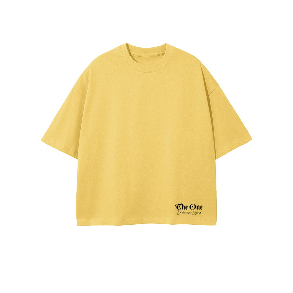The One PR yellow oversized cropped t-shirt made from 100% combed cotton with a crew neck.