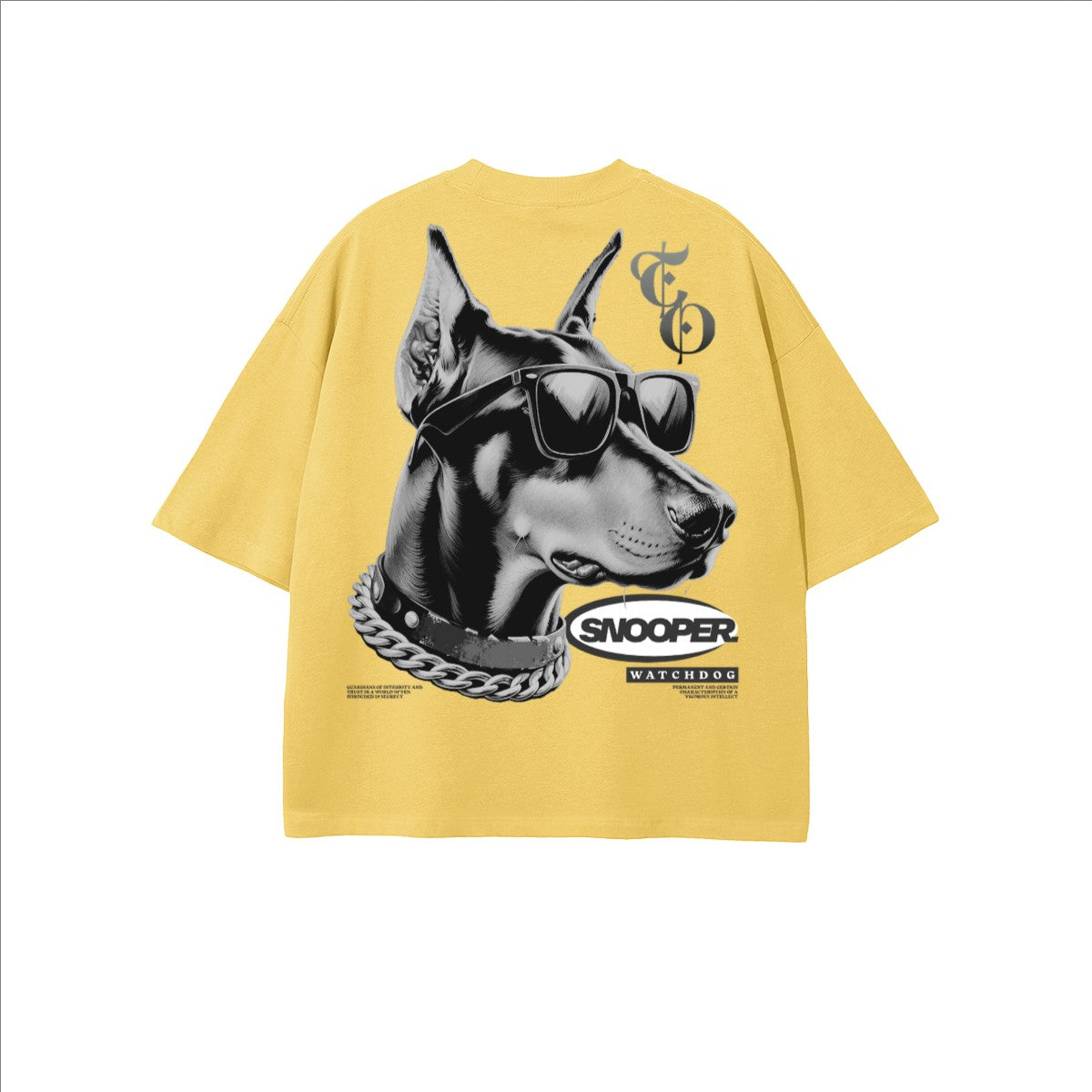 The One PR yellow 100% combed cotton oversized cropped t-shirt with a graphic of a Doberman wearing sunglasses and a chain collar.