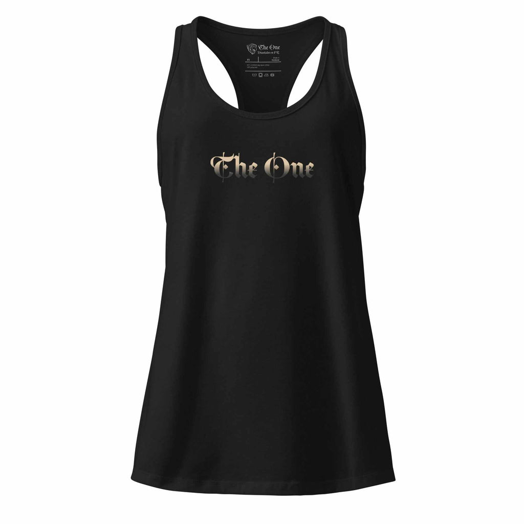 Black The One racerback tank top with gold logo, fitted silhouette, and breathable fabric for activewear and casual use