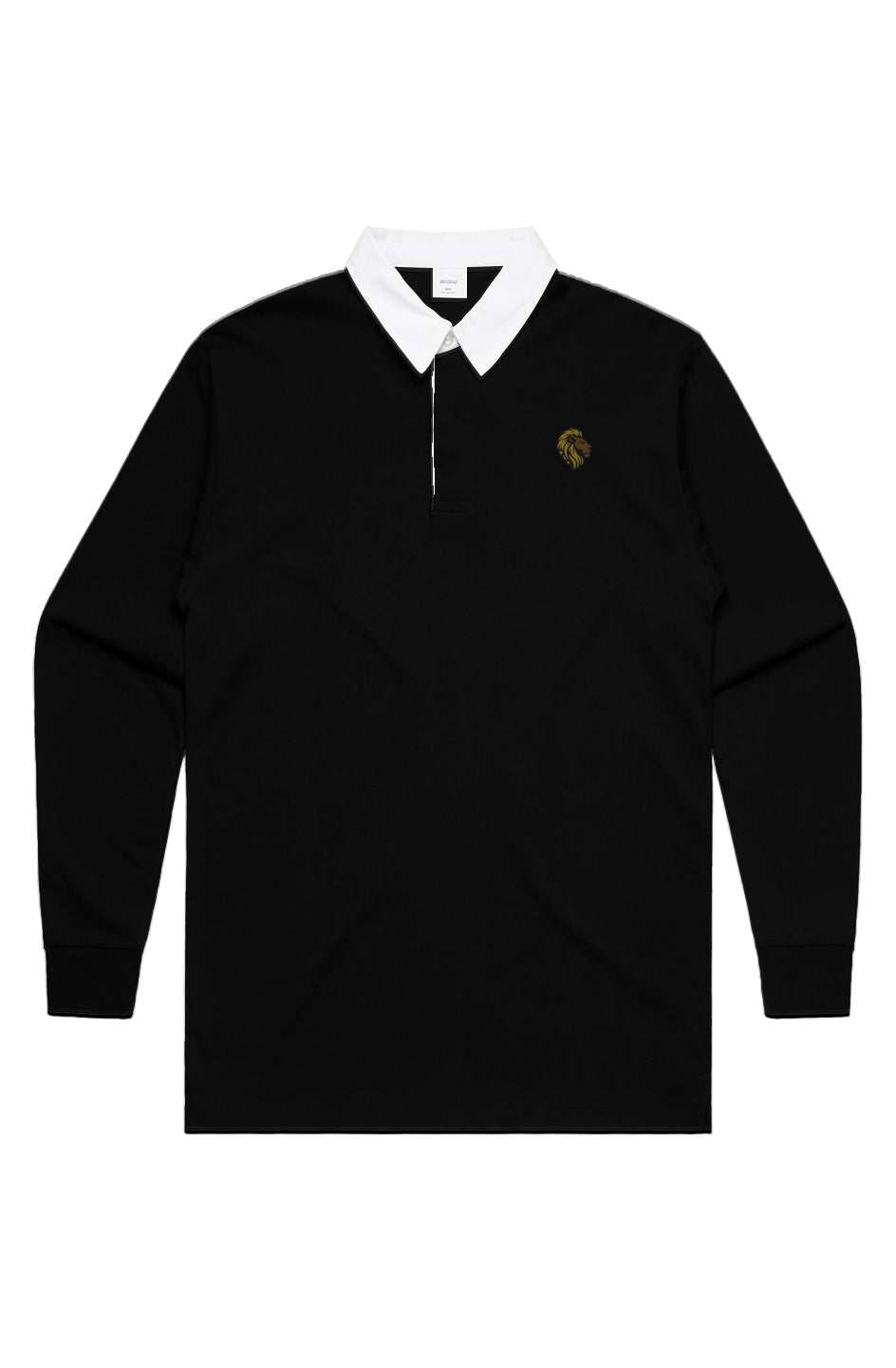 The One PR Black Rugby Jersey: Long Sleeve, Embroidered Lion Logo, Eco-Friendly Cotton