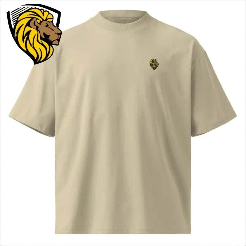 Unisex oversized high neck t-shirt in beige with small lion logo, made from organic cotton for comfort and durability