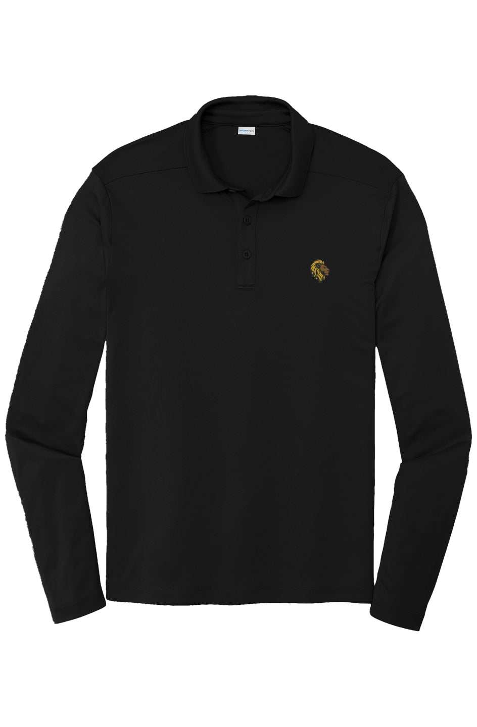 black UV Pro Long Sleeve Polo with logo, UPF 50+ sun protection, moisture-wicking, and fade-resistant fabric