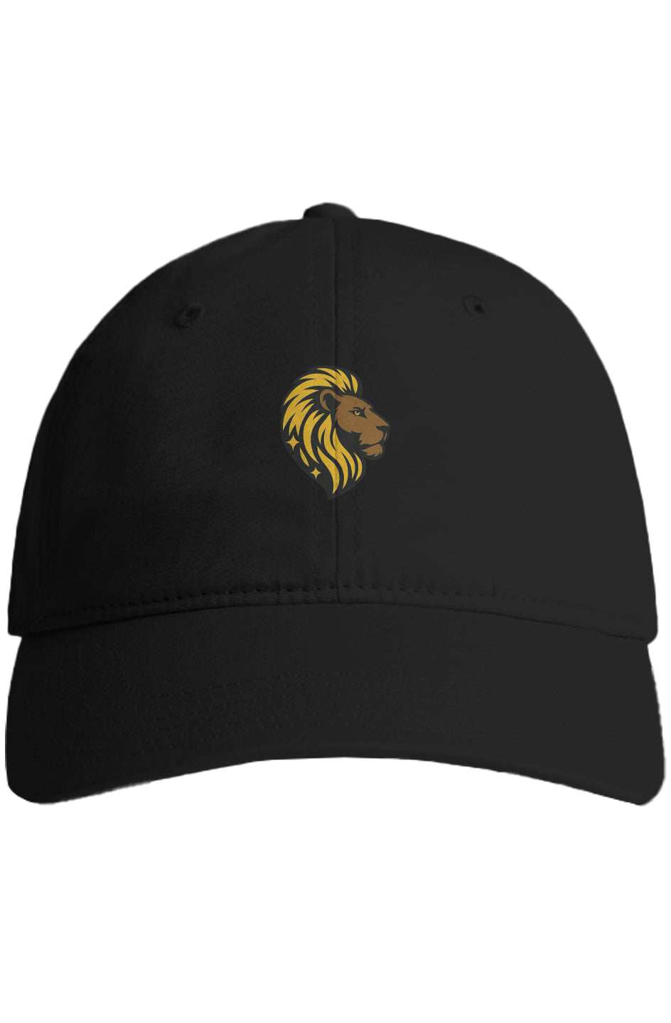 Black women's cap with adjustable strap and gold lion logo, breathable cotton dad hat style