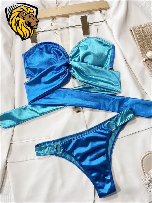 Two-Tone Ring Detail Tied Bikini Set - Sky Blue / S