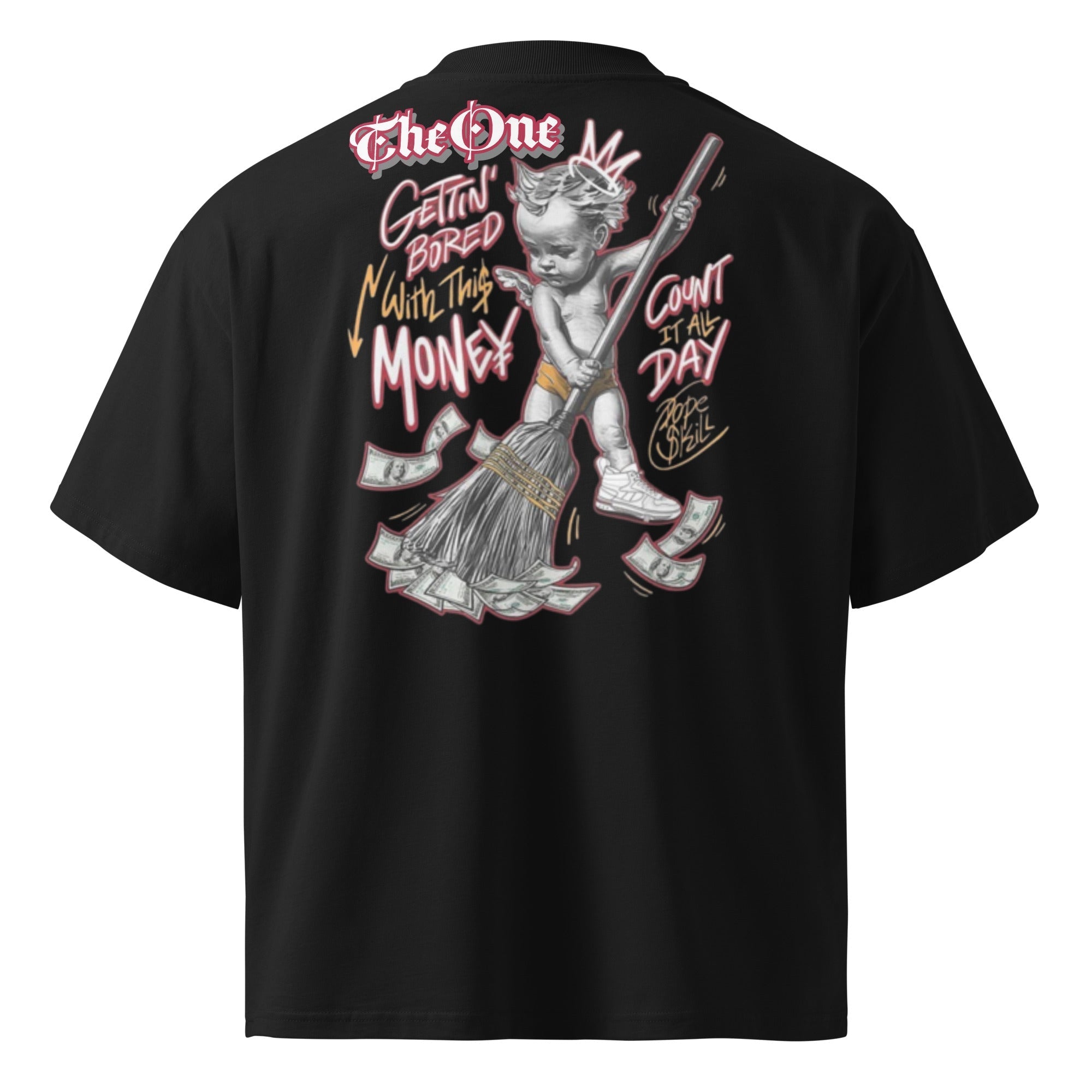 Back view of Money Angel oversized high neck t-shirt with graphic design of an angel sweeping money and text in streetwear style on black organic cotton fabric