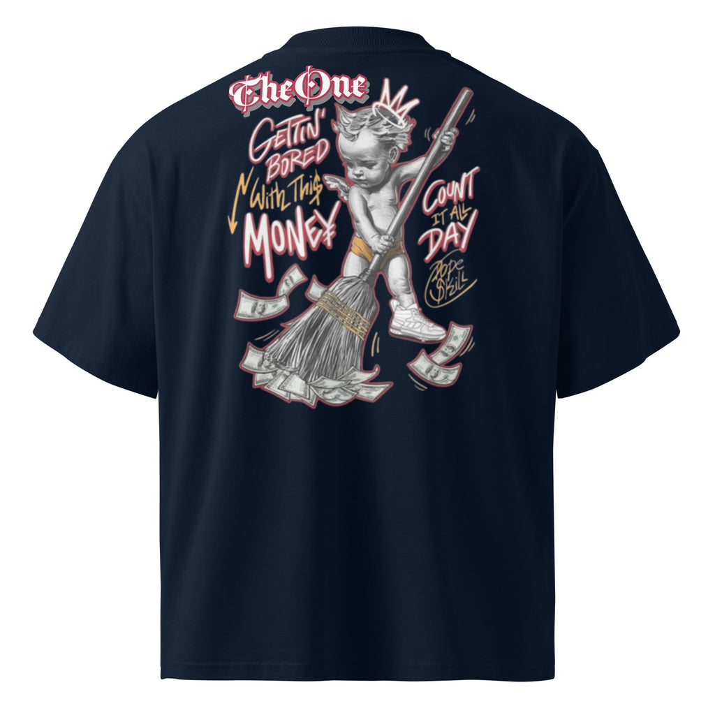 Oversized T-shirt with angel sweeping money design. Streetwear style, organic cotton tee.