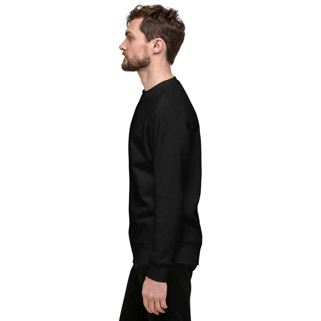 Black Unisex Premium Crewneck Sweatshirt - Soft Fleece Streetwear by The One PR. Side view showcasing the garment's fit and style.