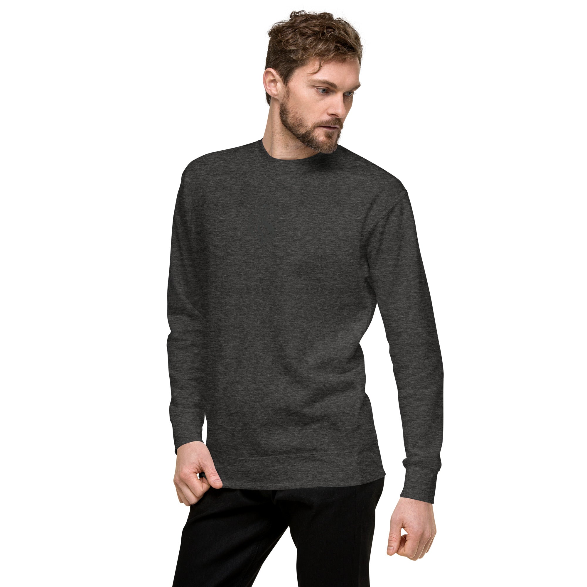 Man wearing gray crewneck sweatshirt mockup. Premium fleece sweater for men, casual, comfortable loungewear.