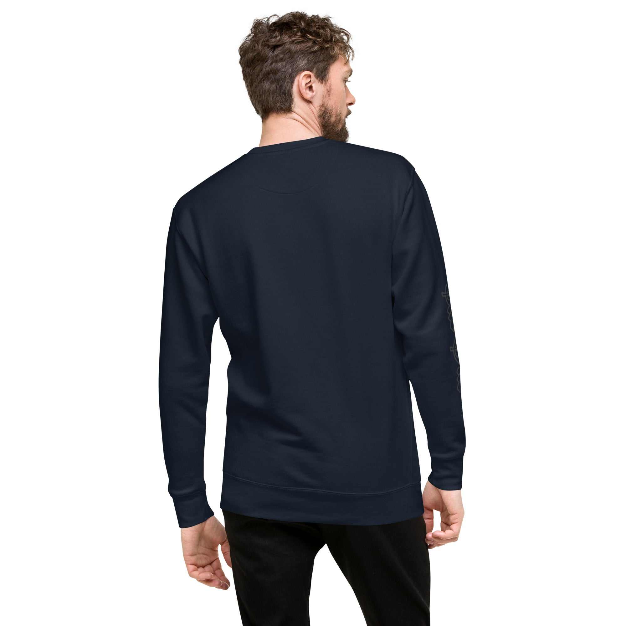 Unisex Premium Navy Sweatshirt - Classic Crewneck Streetwear with Soft Fleece. Back view.