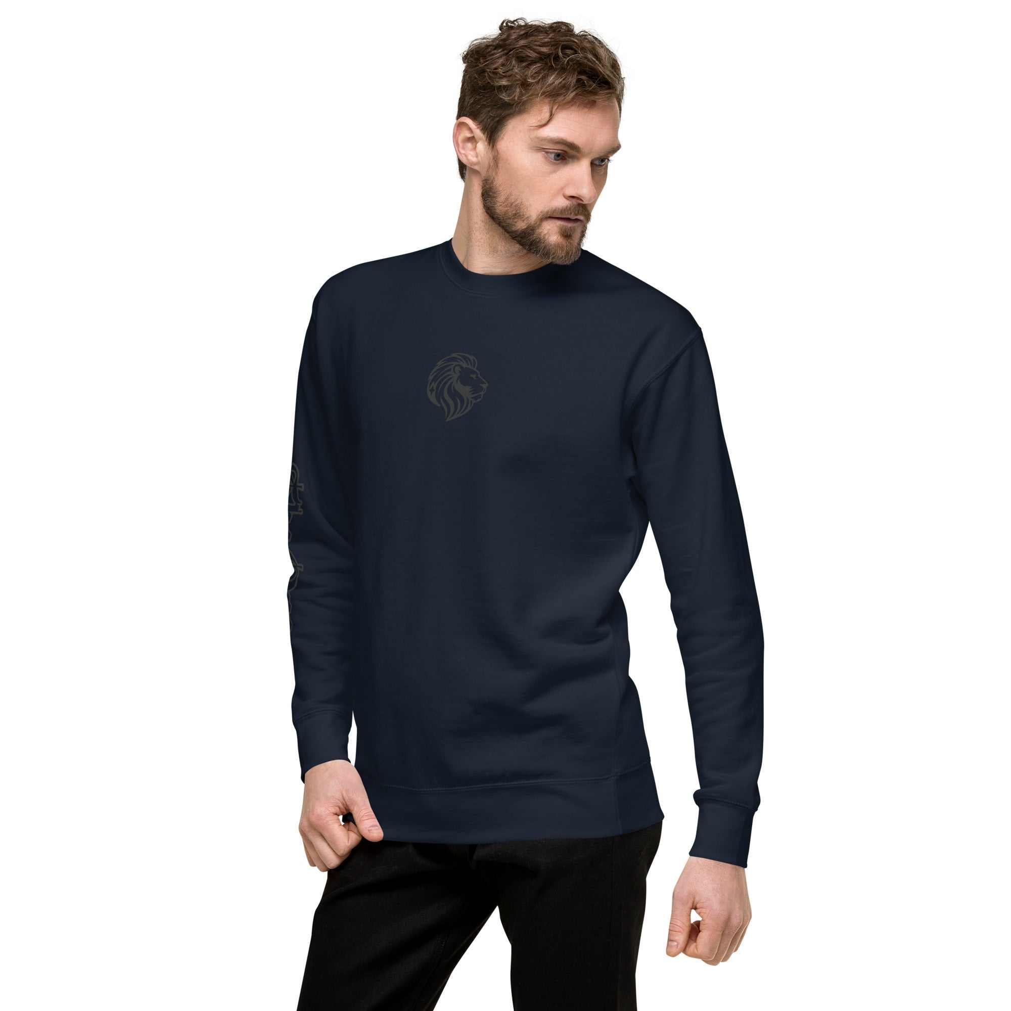 Navy Unisex Crewneck Sweatshirt w/Lion Logo: Premium Fleece, Streetwear Style. Model Wearing.