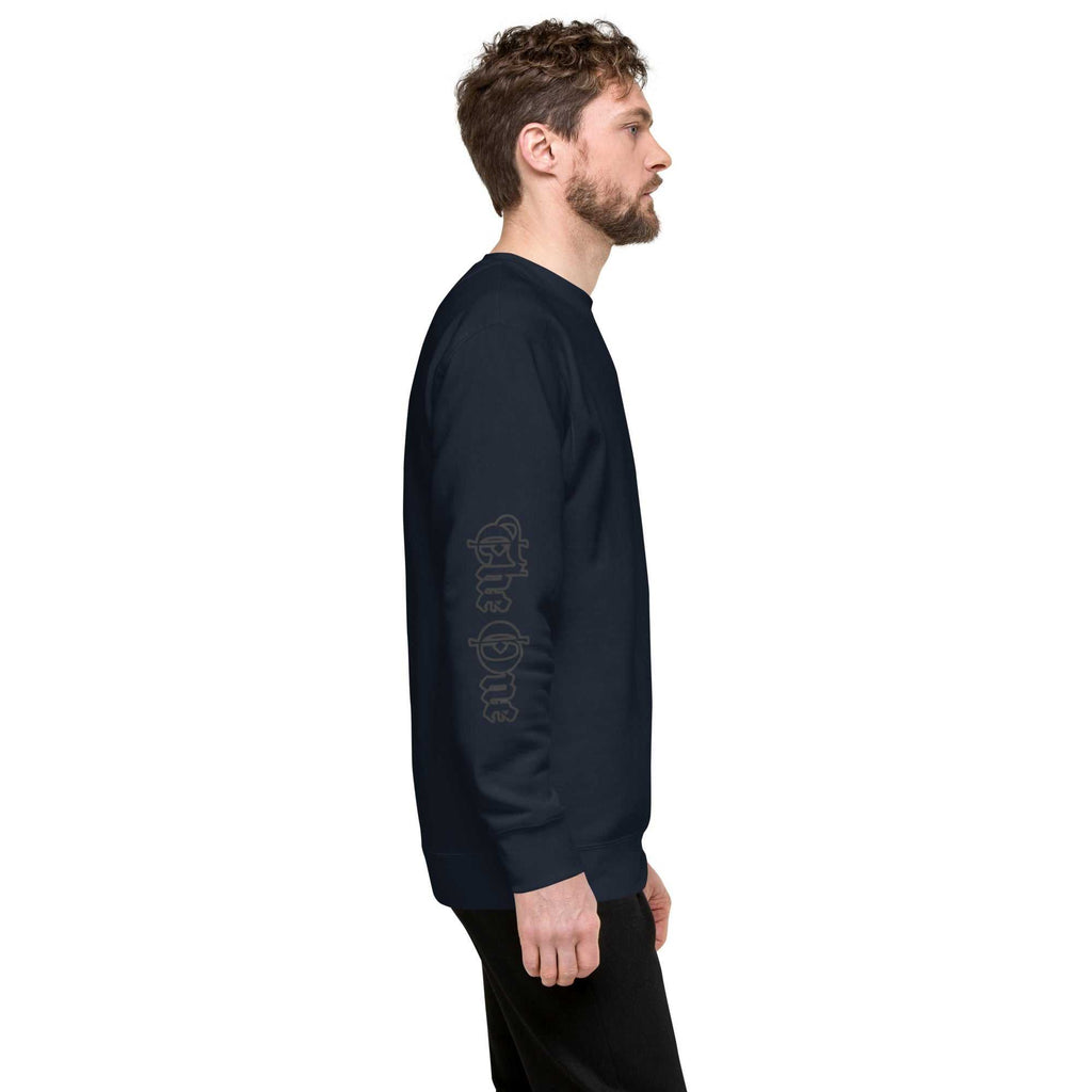 The One PR Unisex Sweatshirt: Dark Blue Crewneck Fleece Pullover with Sleeve Print. Stylish Streetwear for Comfort.