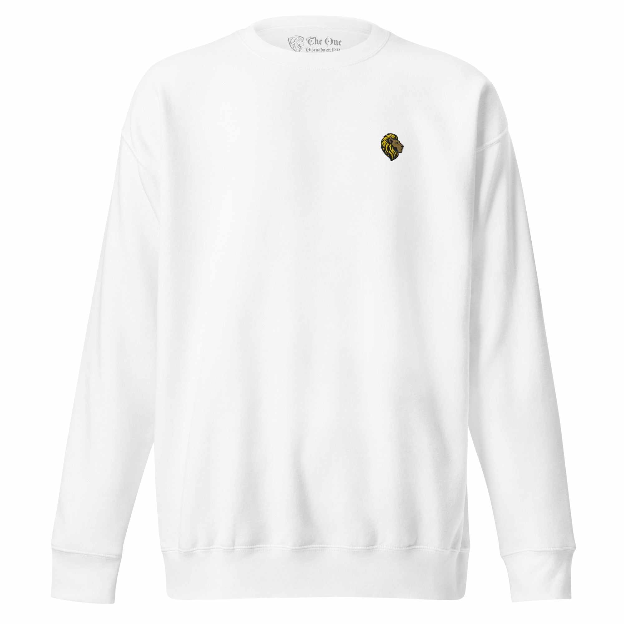 The One Sweatshirt: Unisex White Sweatshirt with Lion Logo. Shop now!