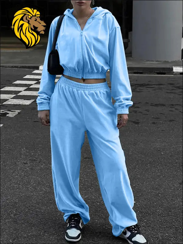 Zip Up Hoodie and Pocketed Pants Set - Pastel Blue / S - Set